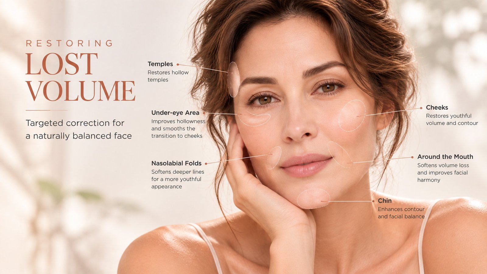 Facial fat grafting treatment areas including temples cheeks under eyes and chin
