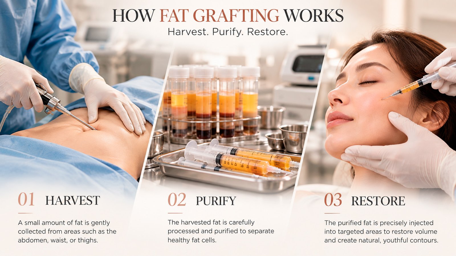 Three stages of facial fat grafting harvest purify and restore